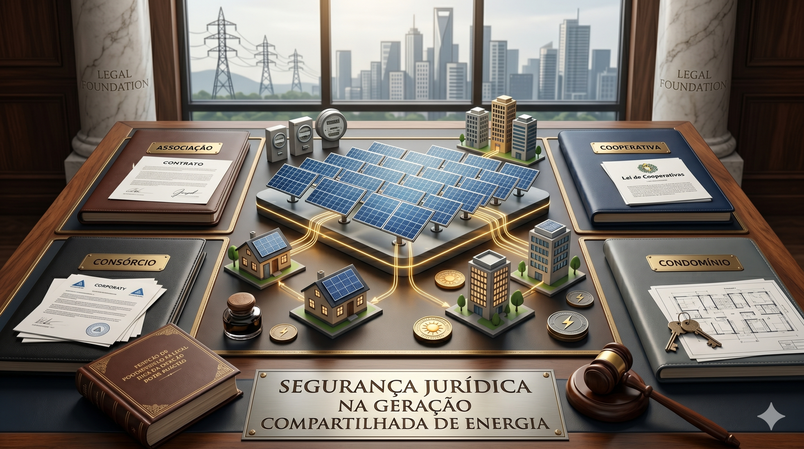 Painel solar com documentos legais.