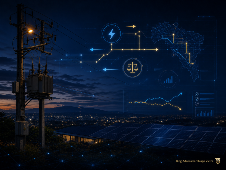 Ilustração de rede elétrica e painéis solares com setas indicando fluxos de energia.