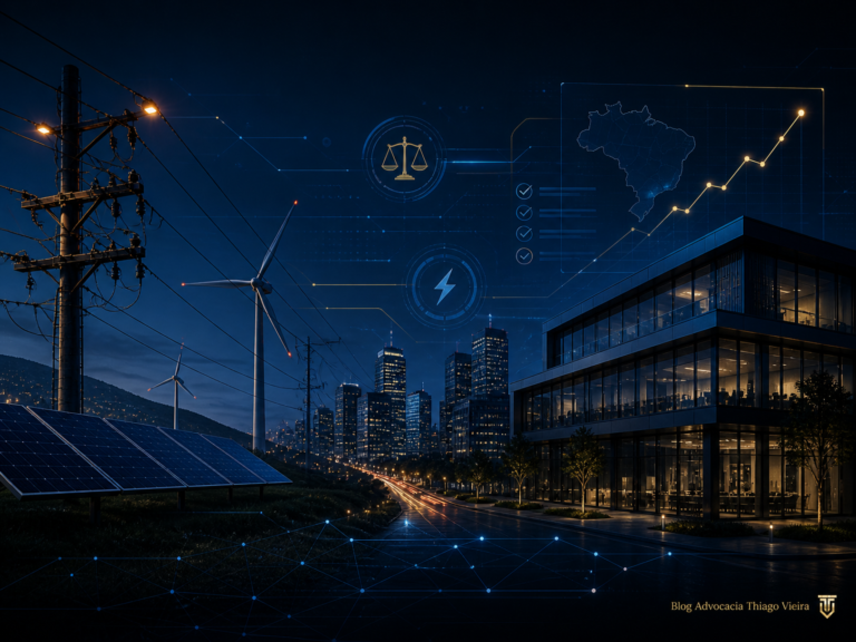 Ilustração de edifícios, rede elétrica, painéis solares e gráficos do mercado de energia.